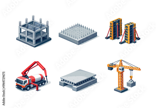 MonolithicBuilding. Isometric flat vector icons set of monolithic building: reinforced concrete frame, monolithic foundation slab, vertical formwork panels,