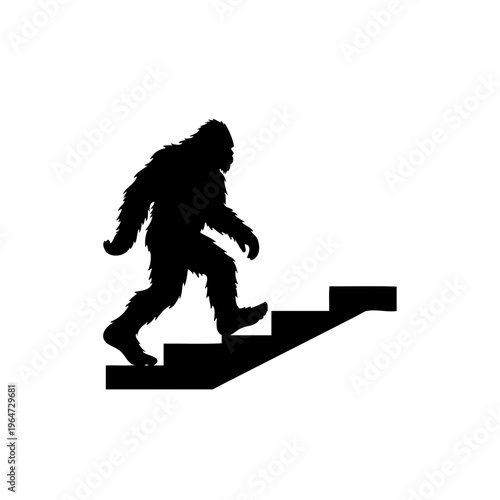 Bigfoot climbing stairs, silhouette of mythical creature ascending steps