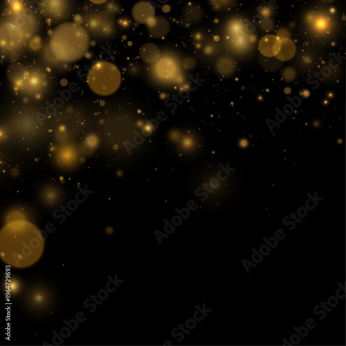 Bright golden glitter cascades like soft firework sparks. Light glows add depth and warmth. The composition feels magical and joyful.
