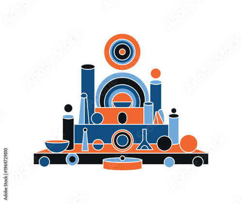 mystic altar sacred composition with layered circles cylinders and geometric shapes, black and white ritual altar objects forming symbolic mystical arrangement