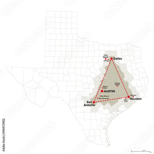 Texas Triangle, a megaregion of the United States, political map with counties. Region containing the five largest cities Dallas, Fort Worth, Houston, San Antonio, and the capital Austin. Vector