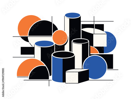 A curated arrangement of black and white retro geometric shapes layered as cut-out elements with crisp white outlines, bold cobalt blue and bright orange