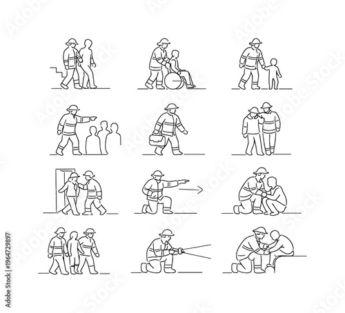 Emergency Evacuation Assistance. Minimalistic set one-line drawing firefighter escorting person downstairs, firefighter helping wheelchair user, firefighter