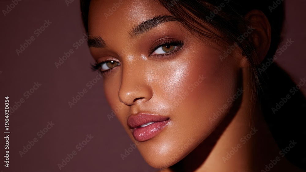 Fototapeta premium Stunning close-up portrait of a beautiful young woman with radiant glowing skin and elegant makeup, exuding confidence and allure.
