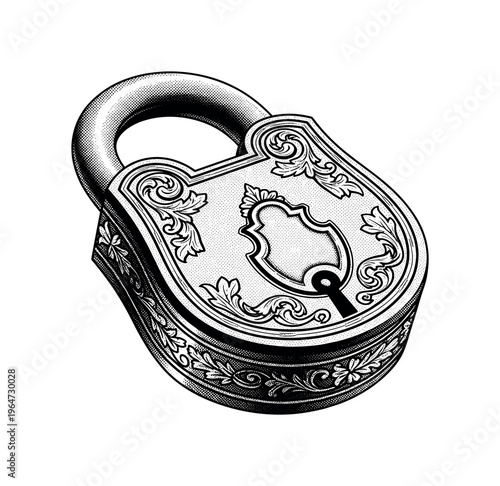 A Victorian padlock adorned with ornamental border patterns and engraved detailing, slightly angled as a single object, black and white halftone illustration,