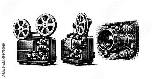 Film Projector ? portable movie projector. A compact portable film projector depicted as one isolated object displayed in three distinct views focusing on