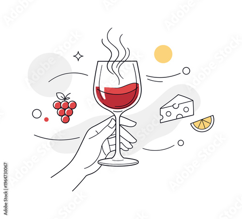 Wine Tasting Detail. Hand gently holding a wine glass by the stem, calm and sophisticated mood. Floating aroma lines and minimal circles suggesting flavor and