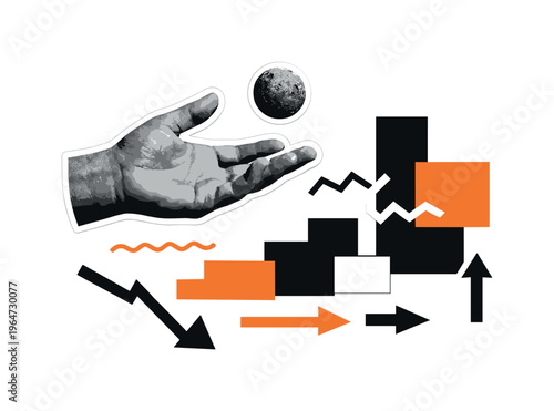 Black and white close-up of a hand releasing an object into space, realistic retro cut-out effect with white contour, abstract geometric blocks, zigzag lines