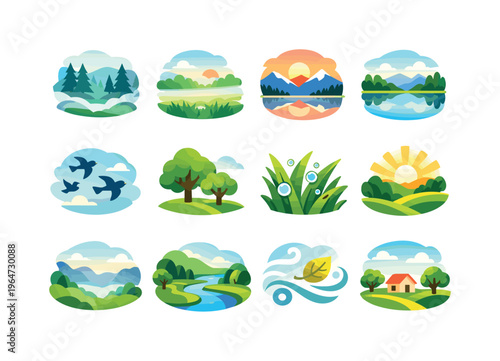 Early Morning Nature. Colorful flat vector icons set of Early Morning Nature: misty forest, meadow fog, mountain dawn, lake reflection, birds flying, quiet