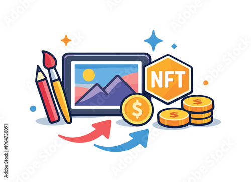 NFT digital art token illustrating creative economy with a digital artwork paired with small currency and spark symbols, expressing monetization, artist