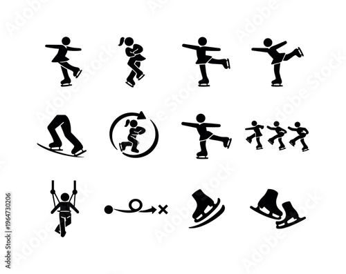 Figure Skating Jumps. Solid icon set of Figure Skating Jumps: axel jump, lutz jump, flip jump, toe loop, salchow jump, loop jump, takeoff edge, mid air