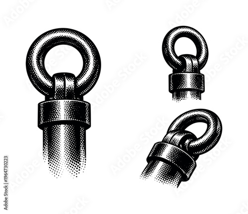 Anchor shank and ring top. A realistic anchor focusing on the upper shank and attachment ring is shown as one object presented in three different views