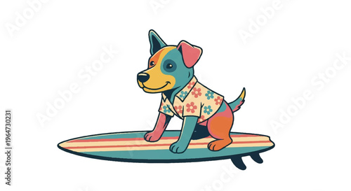 Cartoon dog surfing on a surfboard colorful illustration isolated on white background