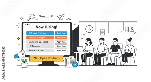 Illusion of hiring growth. A company profile showing many open roles while employees inside appear unchanged and static. Contrast between public signals and