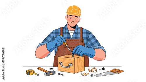 Craftsman at Work: A skilled craftsman, clad in a hard hat and protective gloves, meticulously works on a wooden box, his tools of the trade spread out before him.