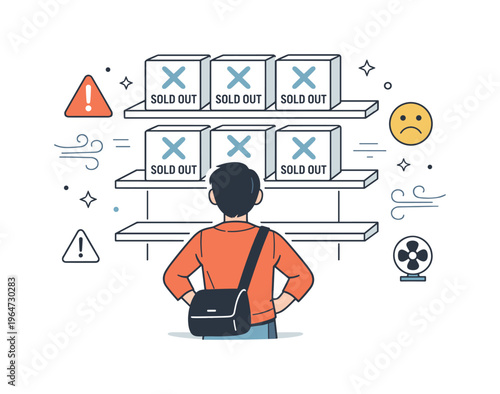 Air purifier shortage. A calm editorial scene of a person looking at empty shelves with air purifier boxes marked as unavailable. The mood feels concerned yet