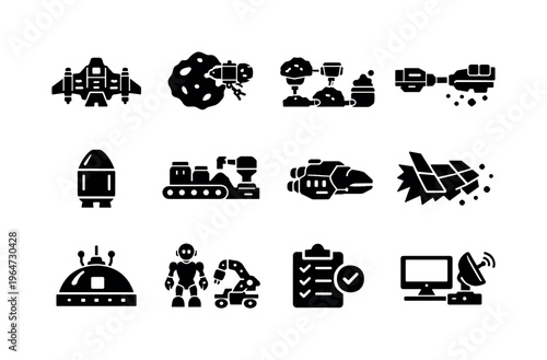 Space Mining Operations. Solid icon set of Space Mining Operations: mining spacecraft, asteroid docking, extraction sequence, ore transfer, cargo capsule,