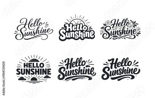 Hello Sunshine. Set lettering. harmonious lettering variations of the same emblematic concept, each with different artistic interpretation (Elegant script with