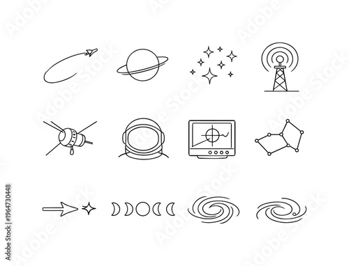 Cosmic Navigation Concepts. Minimalistic set one-line drawing spacecraft trajectory arc, planet with orbit line, star cluster pattern, galactic coordinate
