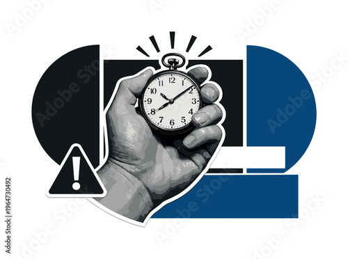 Black and white retro advertising poster, realistic human hand holding a classic object in vintage photo style, cut-out effect with white contour, geometric