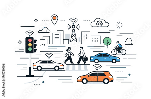 Intelligent traffic management. Clean urban scene with smart traffic lights, connected cars, and pedestrians moving smoothly, illustrating optimized flow and