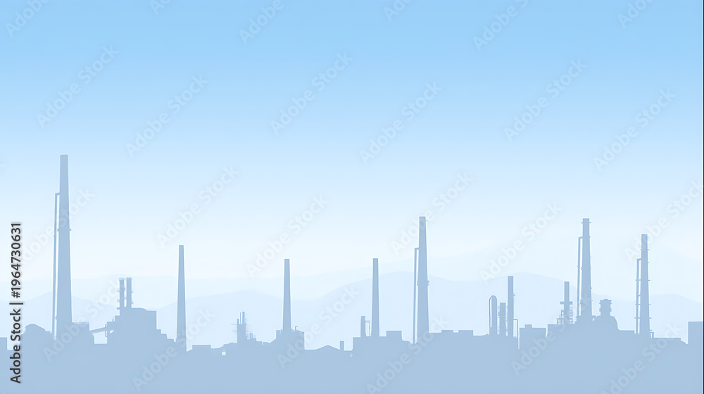 Obraz premium Industrial city silhouette panorama with factory buildings, smokestacks, and power plants against a serene gradient blue sky skyline
