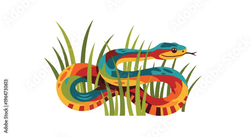 Schilderij op canvas Colorful snake illustration amongst green grass isolated