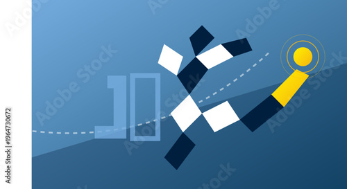 Hand-drawn Stylized geometric runner approaching a yellow target with the number ten in the background authentic illustration