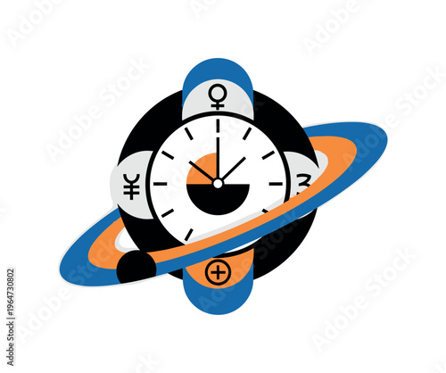 planet ring clock symbol with geometric circles semicircles and symbolic shapes, black and white clock encircled by planetary ring like saturn with layered
