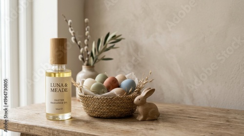 A stylish arrangement featuring a perfume bottle beside a basket of colorful eggs and a decorative bunny, perfect for spring and Easter-themed promotions.