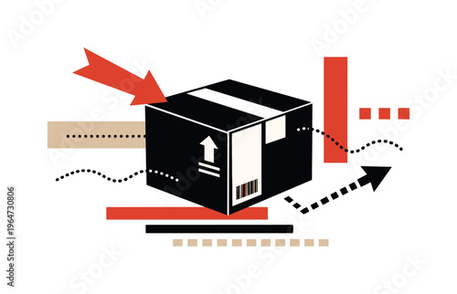 A surreal modern collage of a black and white package box placed at the center, intersected by abstract arrows, dotted lines, and rectangular blocks suggesting