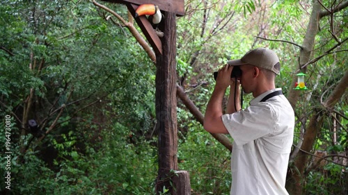 Ornithologist birdwatching with binoculars in lush forest