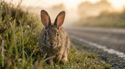 A charming rabbit explores the grassy edge of a country road at sunrise, capturing the beauty of nature. Ideal for wildlife, environmental, or adventure-themed projects.