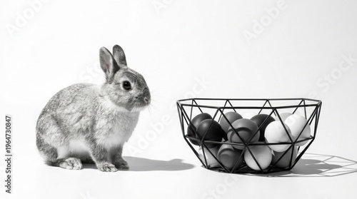 A charming black and white image featuring a rabbit beside a decorative bowl of eggs, perfect for Easter themes, promotions, or springtime marketing.