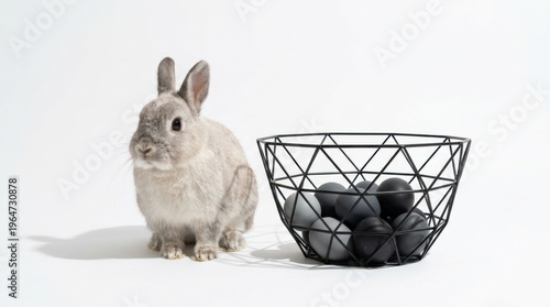 A charming gray rabbit beside a modern black basket filled with decorative eggs, perfect for Easter-themed designs, seasonal marketing, or whimsical pet-related projects.