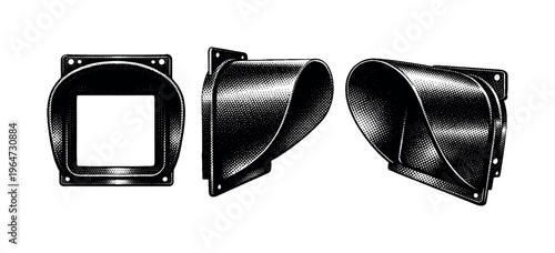 Crosswalk signal visor hood A realistic crosswalk signal visor hood with curved protective form and mounting lip, presented in three views including front