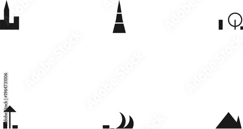 Hand-drawn Minimalist black and white icons representing various city landmarks and geographical features authentic illustration