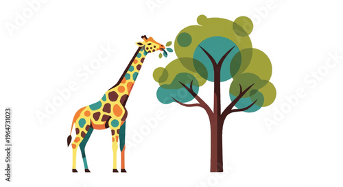 Giraffe eating tree leaves illustration