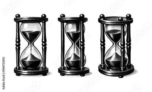 Hourglass frame ? An hourglass with a supporting frame shown as one object in three different orientations, concentrating on structural supports, glass volume,