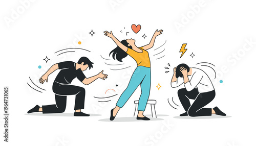 Physical theater. Performers using expressive body movements on a minimal stage, communicating emotion without words. Dynamic poses with abstract motion lines