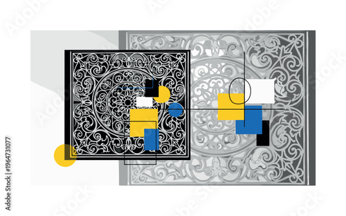 iron grille shadow pattern with abstract geometric blocks circles and lines, black and white decorative iron grille casting graphic shadows under moonlight