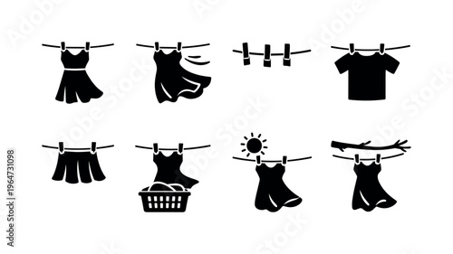 Clothesline Dresses Blowing. Filled icon set of Clothesline Dresses Blowing: clothesline with dress, dress