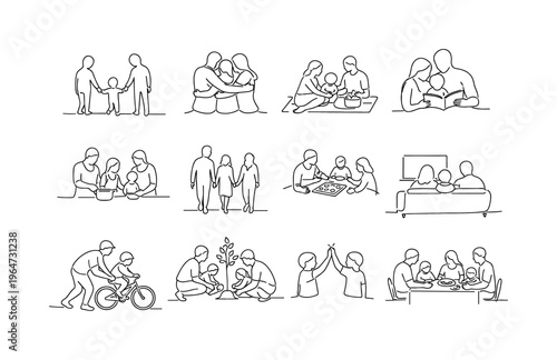 Family Bonding. Minimalistic set one-line drawing parents and child holding hands, family hugging together, family picnic scene, parent reading book to child,