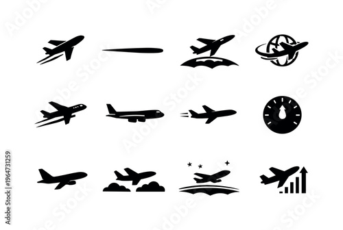 High Altitude Flight. Solid icon set of High Altitude Flight: jet at altitude, thin contrail, stratosphere flight, long distance travel, cruising jet, clear
