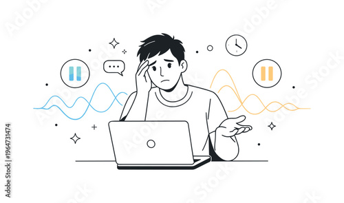 Recorded one-way interview stress self recording. A person speaking to a laptop camera alone in a quiet room, aware of being recorded without feedback.