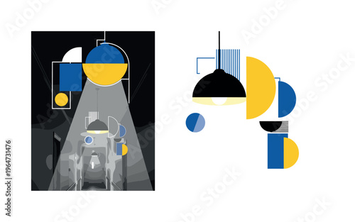 old hospital hallway lamps with abstract semicircles circles and graphic blocks, black and white vintage medical corridor illuminated by hanging lights with