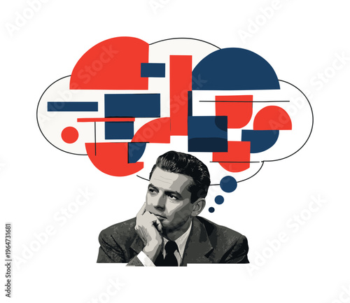 A vintage-style black and white portrait of a thinking character resting chin on hand, surrounded by an oversized symbolic thought bubble constructed from