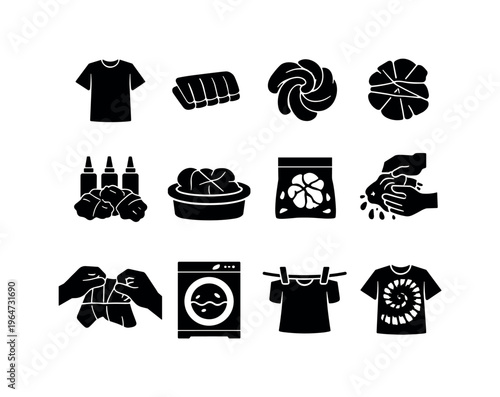 Tie-Dye Process. Solid icon set of Tie-Dye Process: plain t-shirt, folding fabric steps, twisting shirt spiral, binding with rubber bands, applying dye