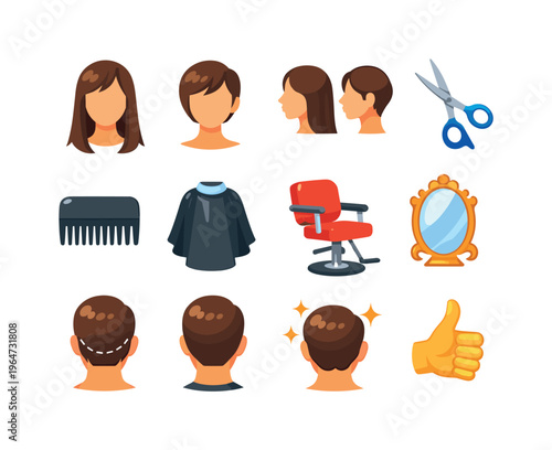 Haircut Comparison. Colorful flat vector icons set of Haircut Comparison: long hair before, short haircut after, side by side head icons, cutting scissors,