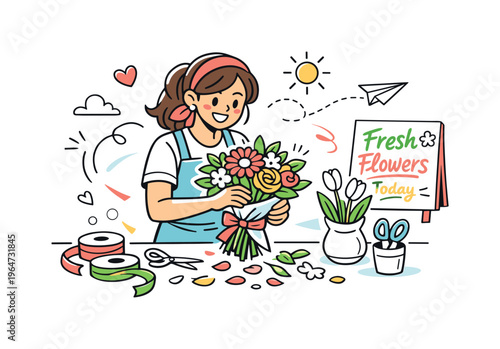 Cheerful Florist at Work. Florist Arranging Bouquet. A cheerful florist standing at a worktable, carefully